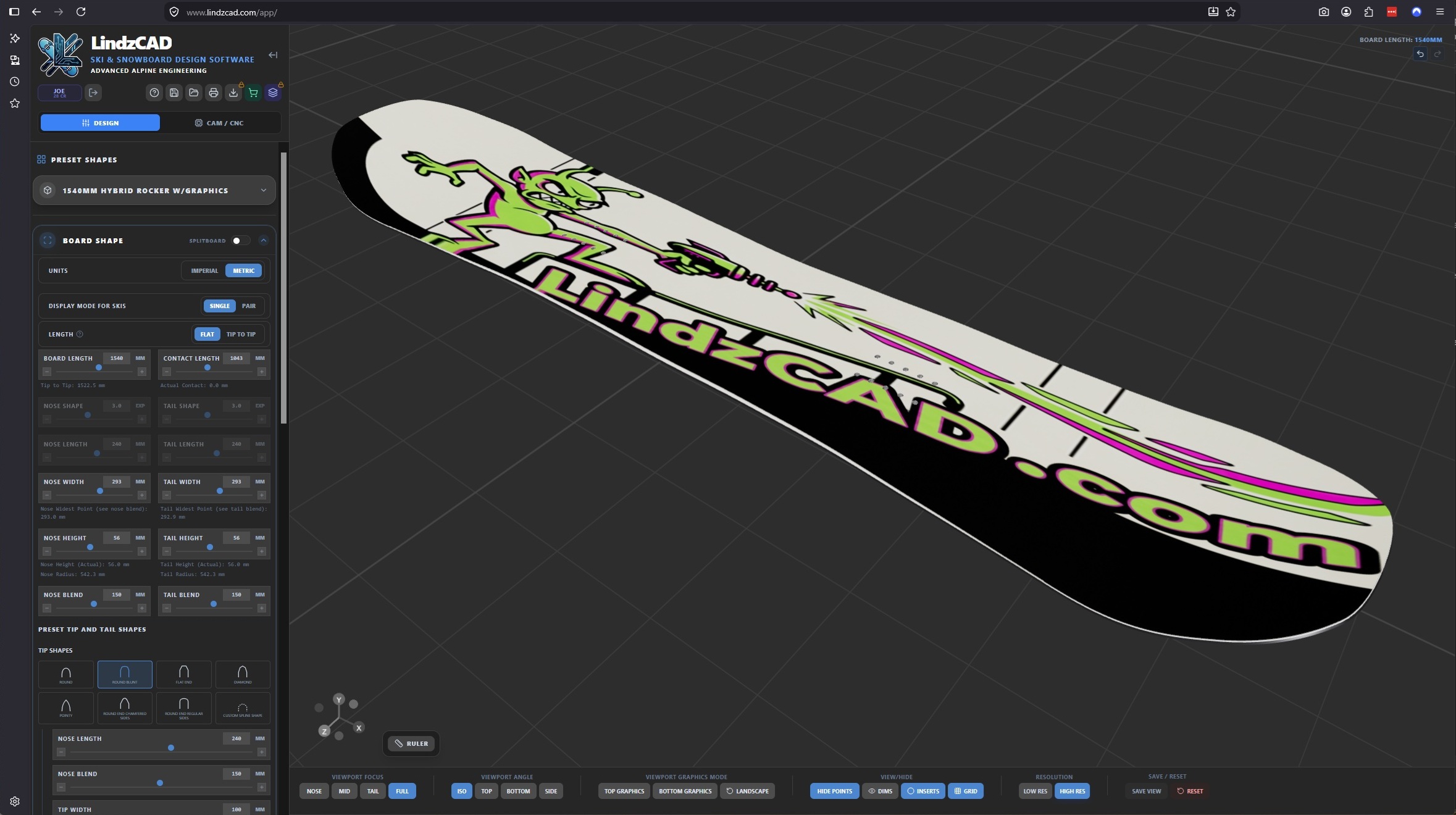 LindzCAD ski and snowboard design workspace